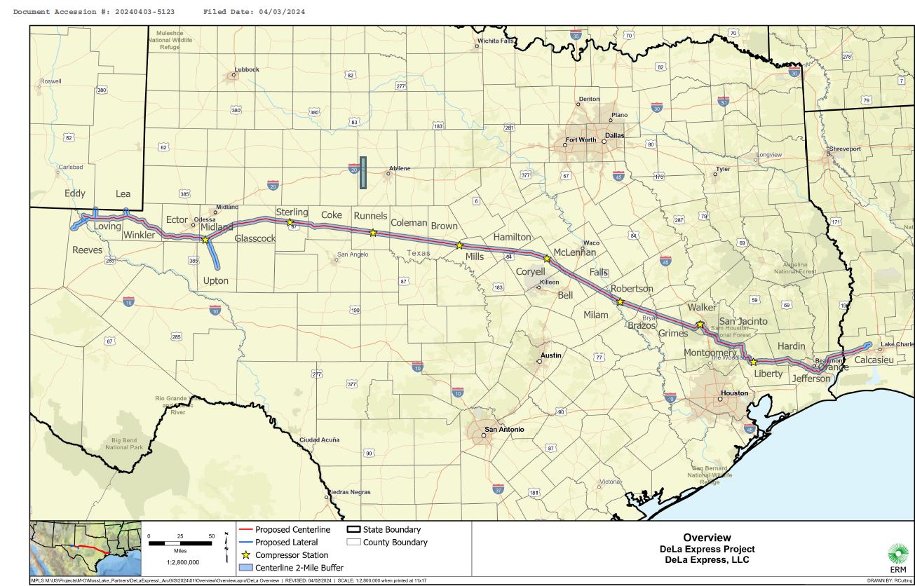Map of Texas and part of Louisiana, with the pipeline route extending from West Texas to Southwestern Lousiana