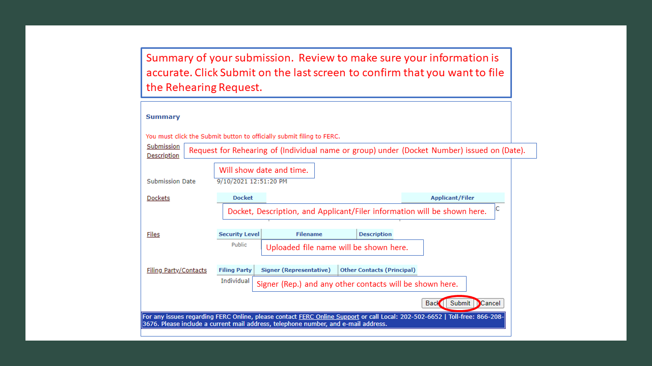 Summary of your submission.  Review to make sure your information is accurate. Click Submit on the last screen to confirm that you want to file the Rehearing Request. 