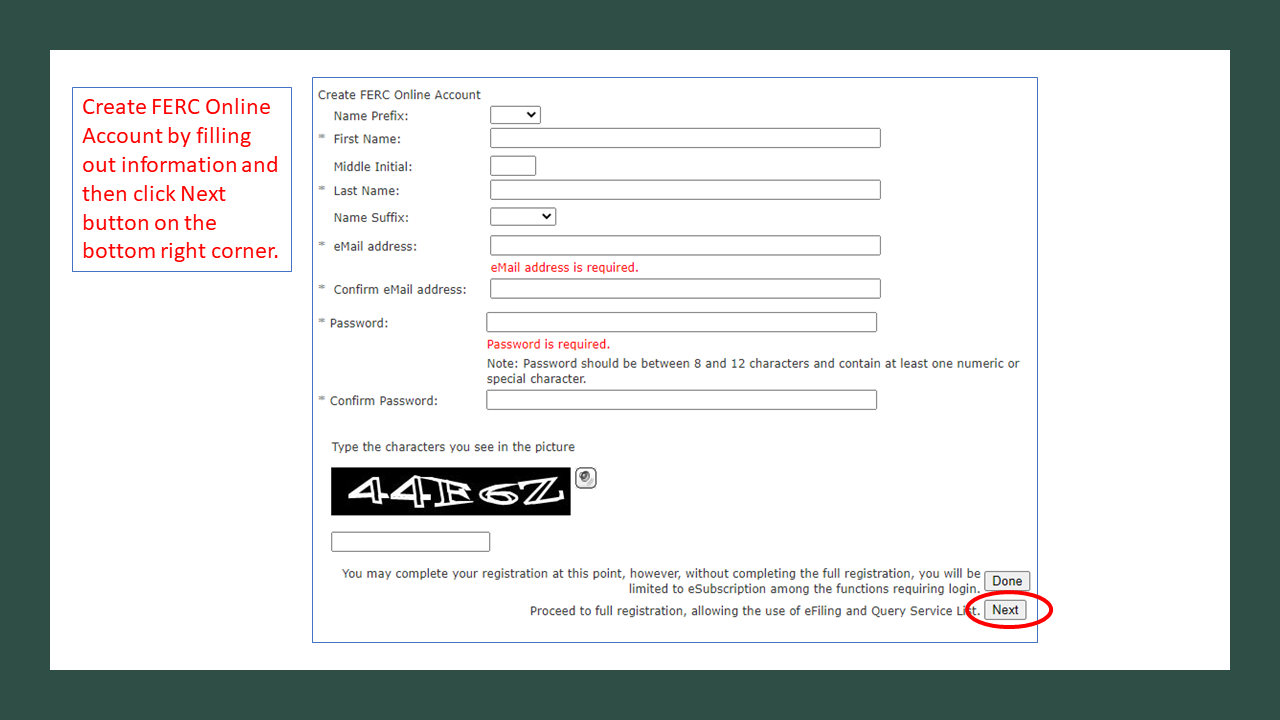 Create FERC Online Account by filling out information and then click Next button on the bottom right corner. 