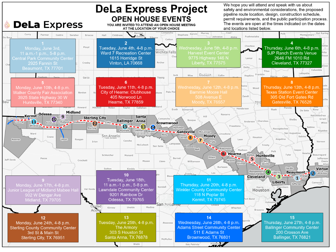 Map of Dela Express pipeline project planned from West Texas to Lake Charles, Louisiana