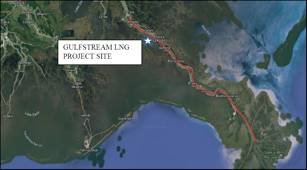 Map of Gulfstream LNG Terminal Project site along route in Louisiana. 