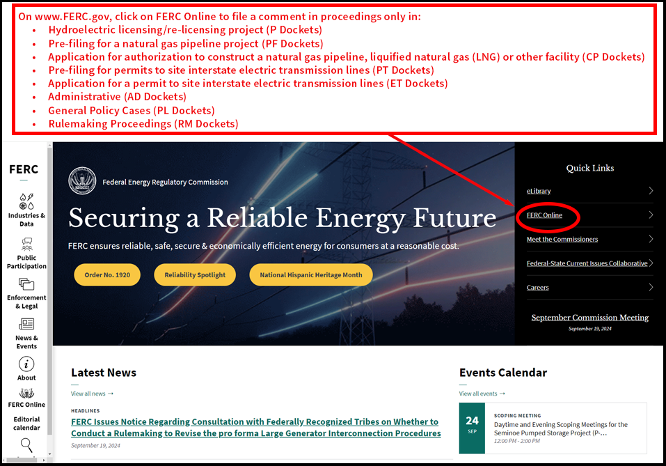 FERC homepage with FERC Online highlighted on right side.