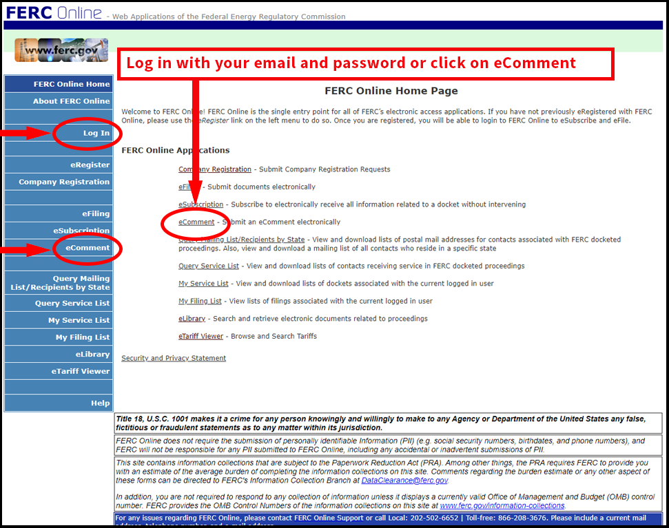 FERC Online Home Page with "Log in" and "eComment" highlighted. Text reads,, "Log in with your email and password or click on eComment."