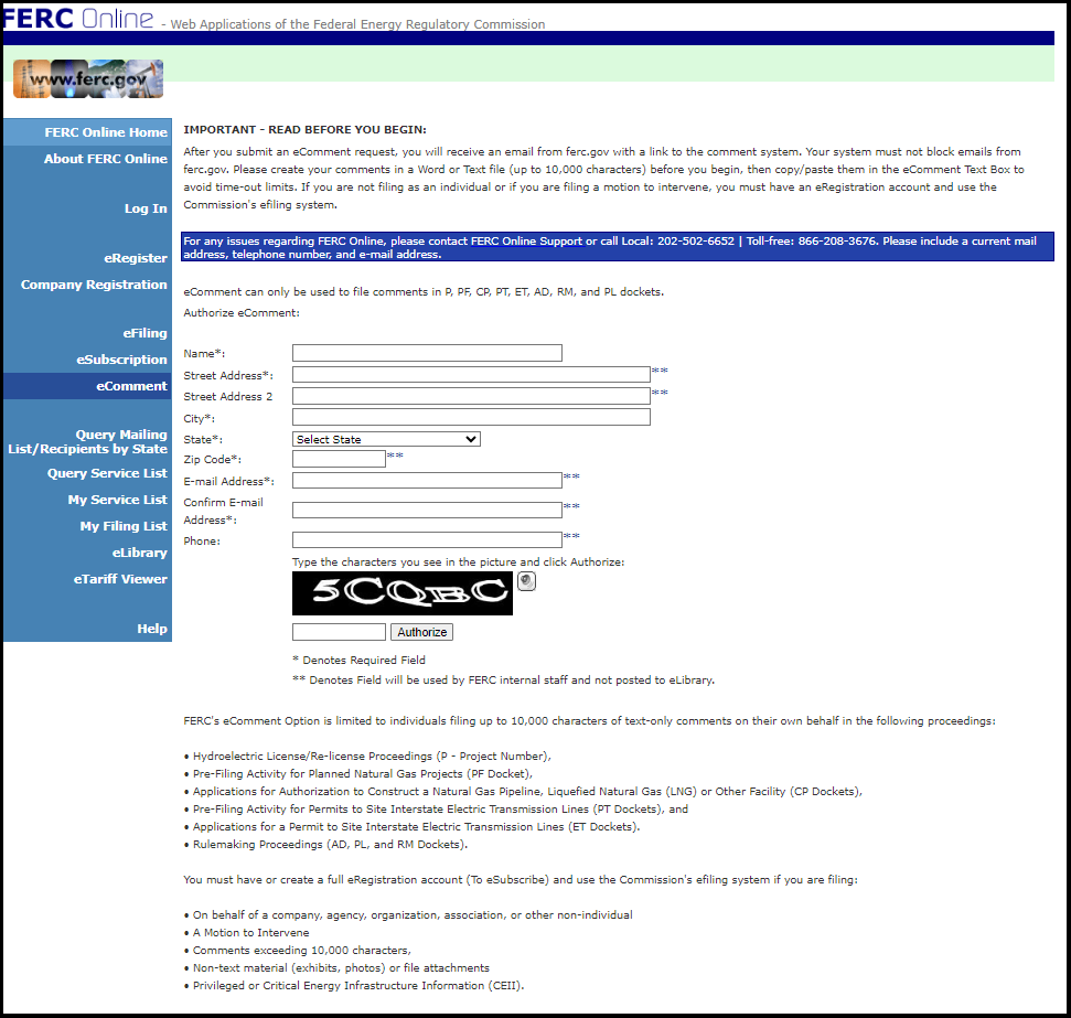 Screenshot of eComment page for entering information about the commenter 