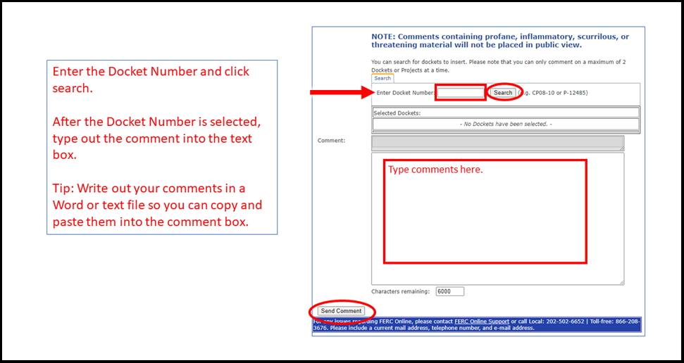 Screenshot with text, “Enter the Docket Number and click search. After the Docket Number is selected, type out the comment into the text box. Tip: Write out your comments in a Word or text file so you can copy and paste them into the comment box.”