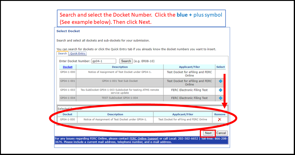 Screenshot with text, “Search and select the Docket Number. Click the blue + plus symbol (see example below).”