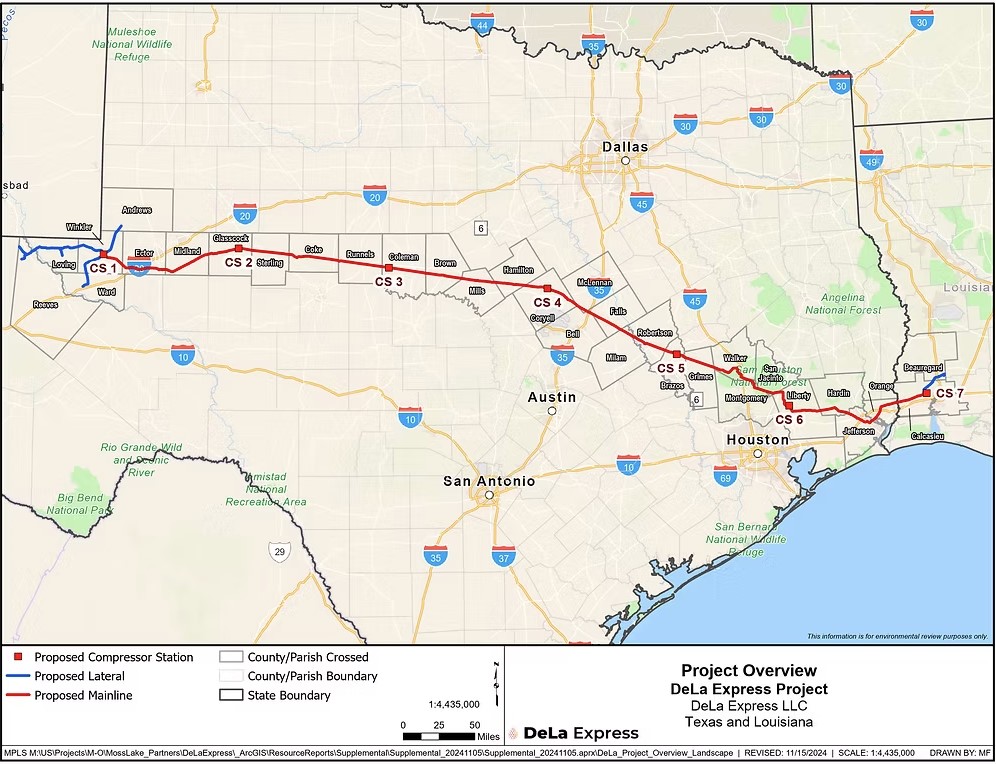 Map of DeLa Express route from West Texas into Louisiana 