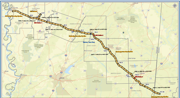 Map of Mississippi Crossing Pipeline Project crossing several counties