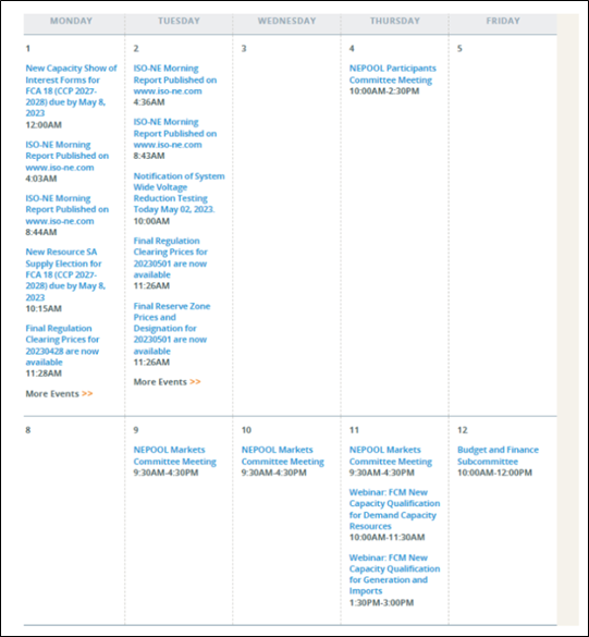 Sample of two-week ISO-NE calendar