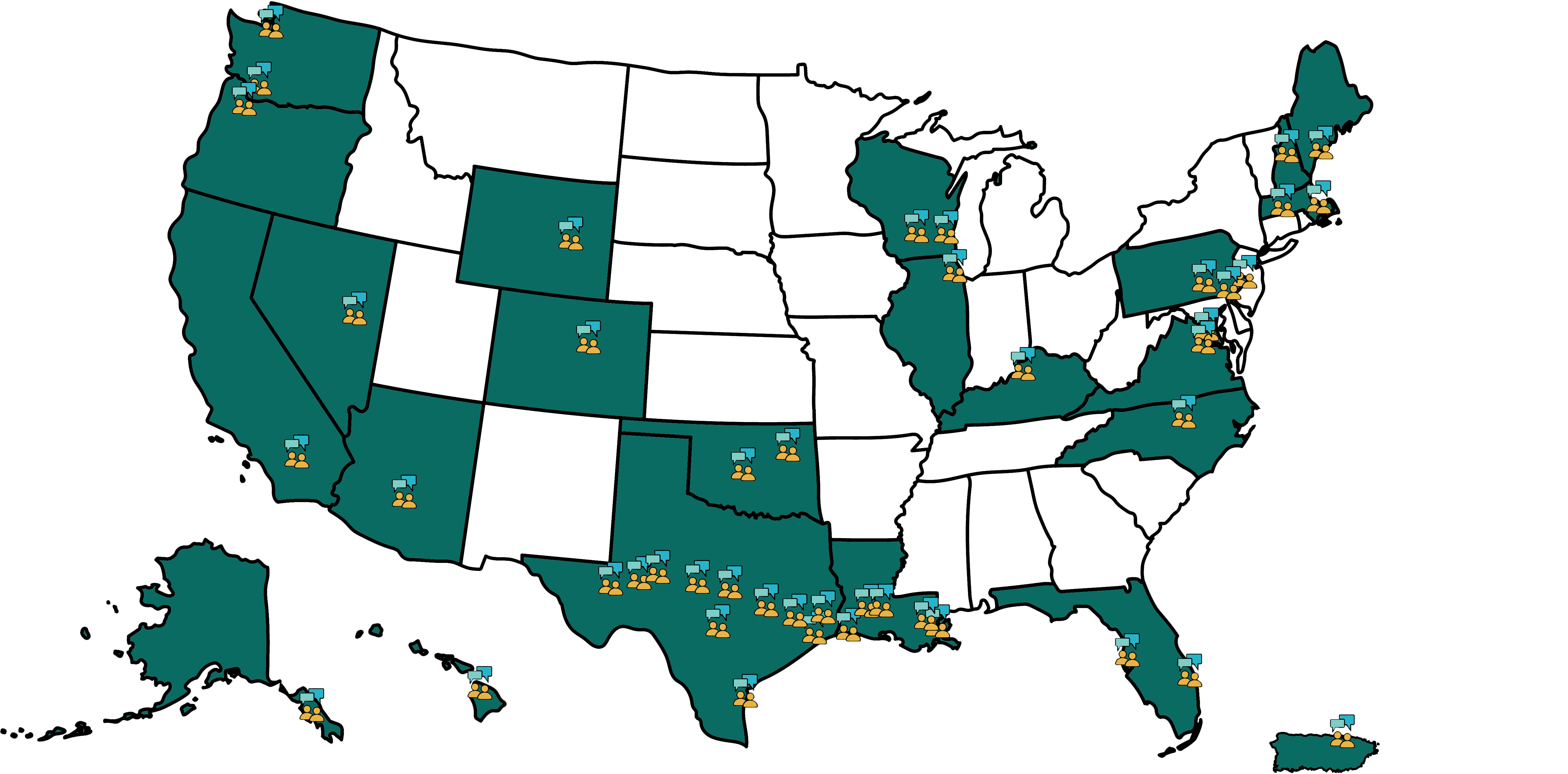 Map of the U.S. where OPP staff attended 63 in-person meetings, conferences, seminars, and forums in 2024.