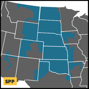 Map of SPP areas, which include Oklahoma, Kansas, Nebraska, and parts of South Dakota, North Dakota, Montana, Missouri, Arkansas, and Texas.