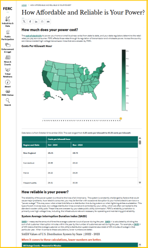 Screenshot of page ferc.gov page with map and tables