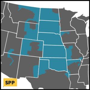 Map of SPP areas, which include Oklahoma, Kansas, Nebraska, and parts of South Dakota, North Dakota, Montana, Missouri, Arkansas, and Texas.
